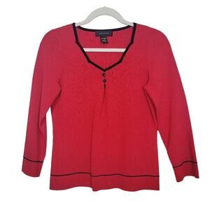 Vintage 90s Pointelle Womens Medium Red & Black Unique V-Neck Blouse Stretchy